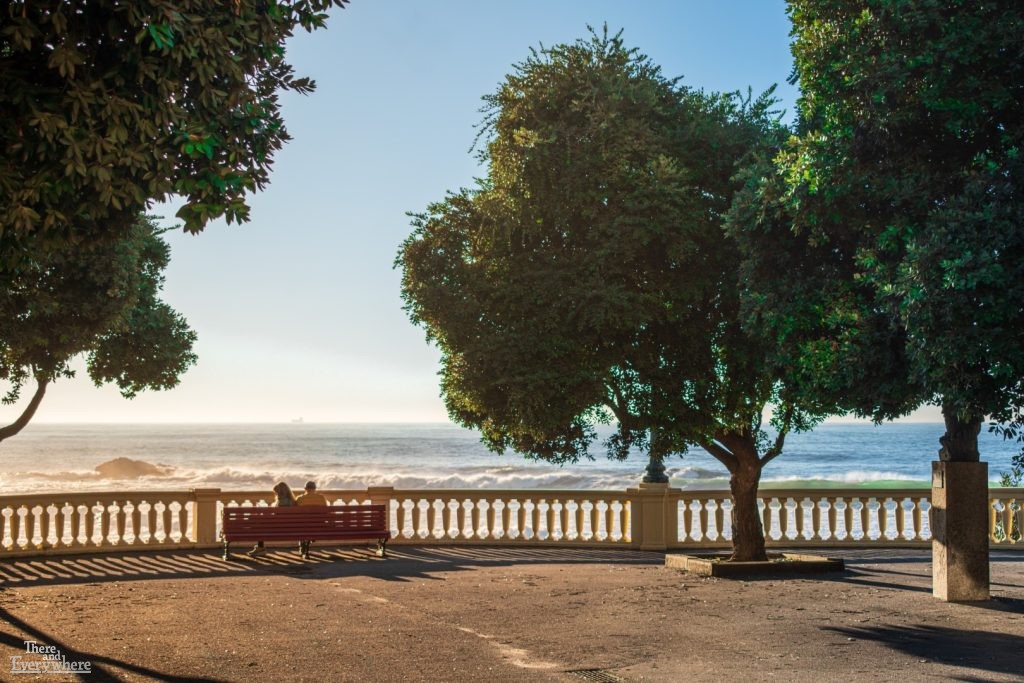 A couple sitting on a red bench overlooking the Atlantic Ocean framed by trees near Praia dos Ingleses in Porto, Portugal.